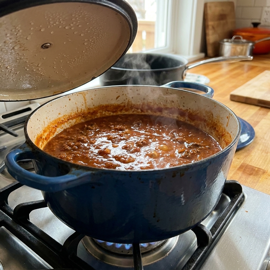 A Dutch oven on low heat with ragù gently bubbling, lid slightly ajar and condensation on the rim