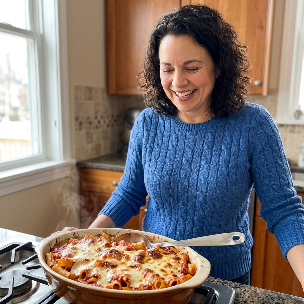 A baked rigatoni casserole sitting on a stovetop after coming out of the oven, with melted cheese settled and a serving spoon nearby