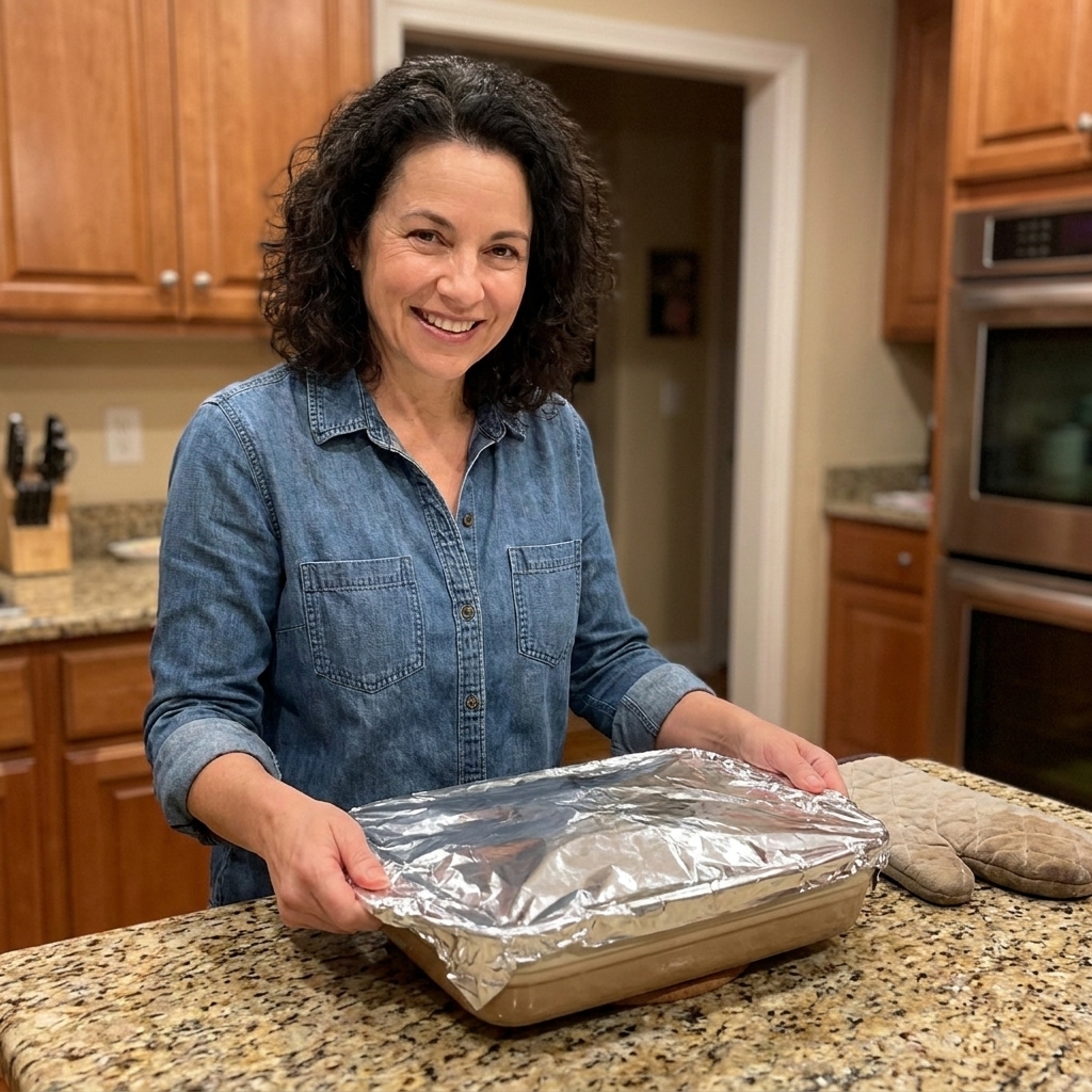 A baking dish of pasta tightly covered with aluminum foil on a kitchen counter, ready to go into the oven