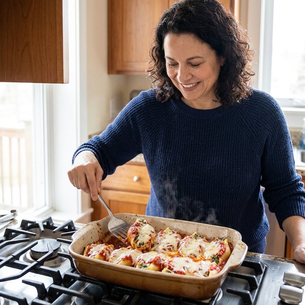 A baking dish of stuffed shells filled with ricotta, covered in marinara and melted mozzarella, resting on a stovetop