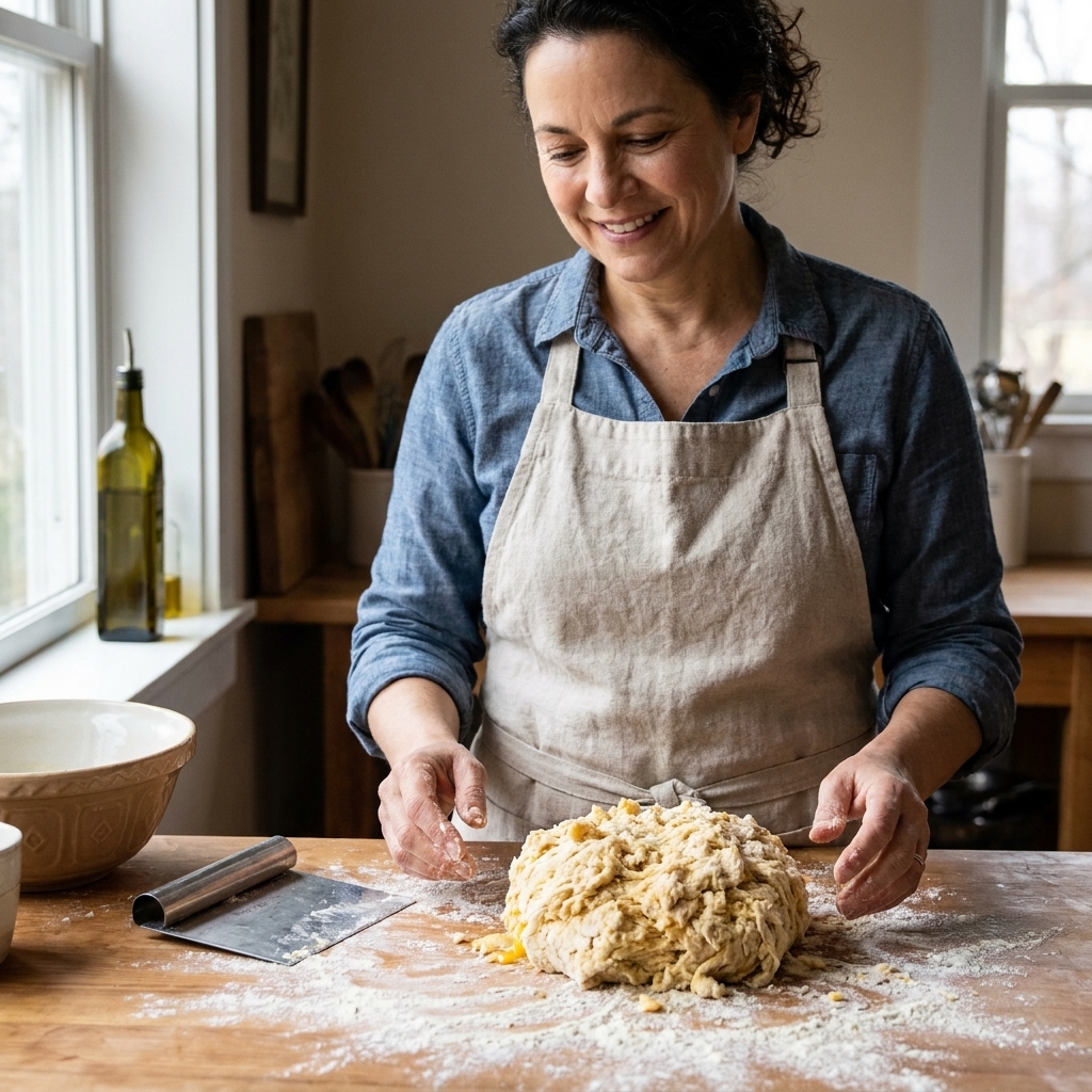 A bench scraper next to a shaggy ball of pasta dough on a floured countertop