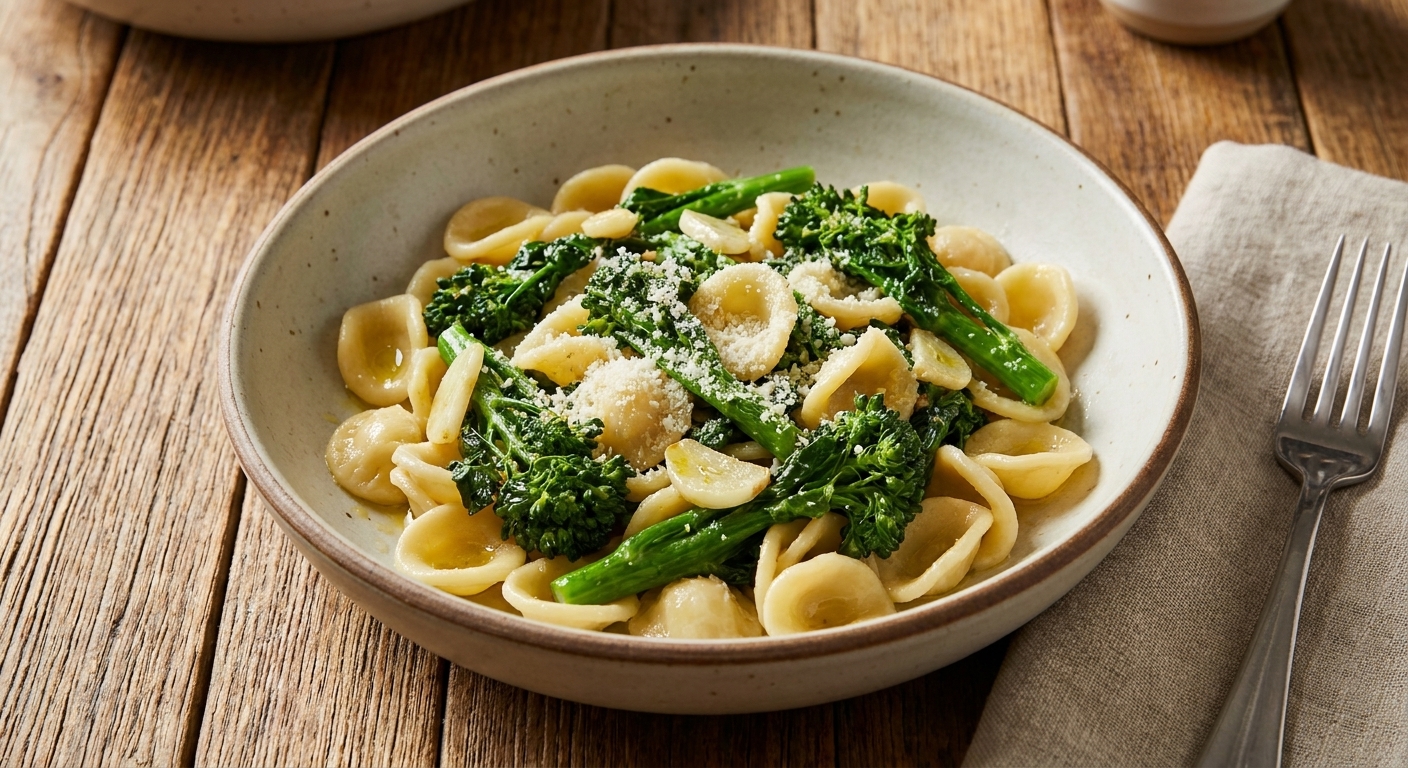 A bowl of cooked orecchiette tossed with broccoli rabe, olive oil, garlic, and grated cheese, photographed on a rustic wooden table