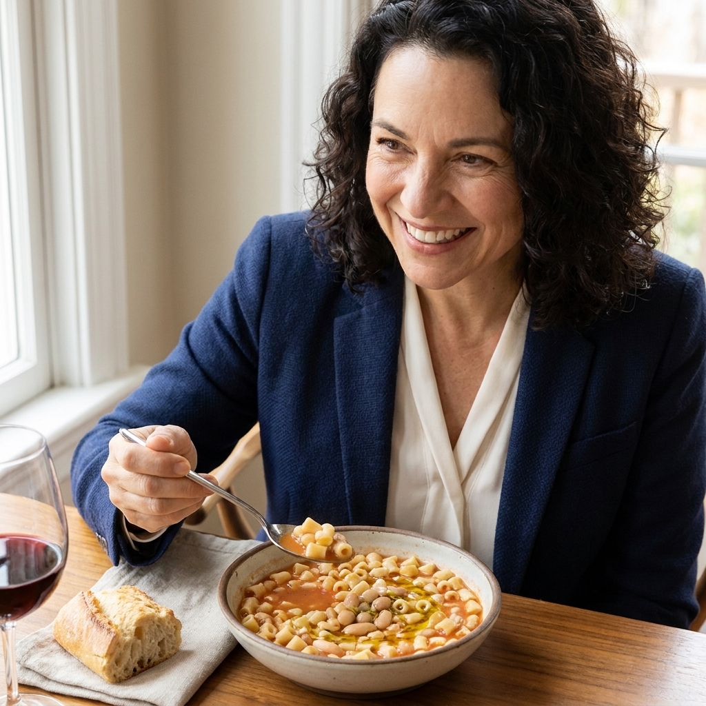 A bowl of pasta e fagioli with ditalini, cannellini beans, and a light tomato broth topped with olive oil