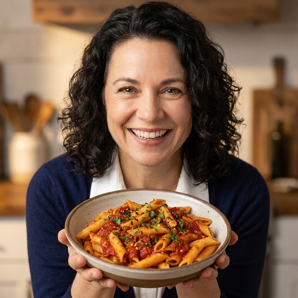 A bowl of penne rigate tossed in a vibrant red arrabbiata sauce, flecked with chili and finished with chopped parsley