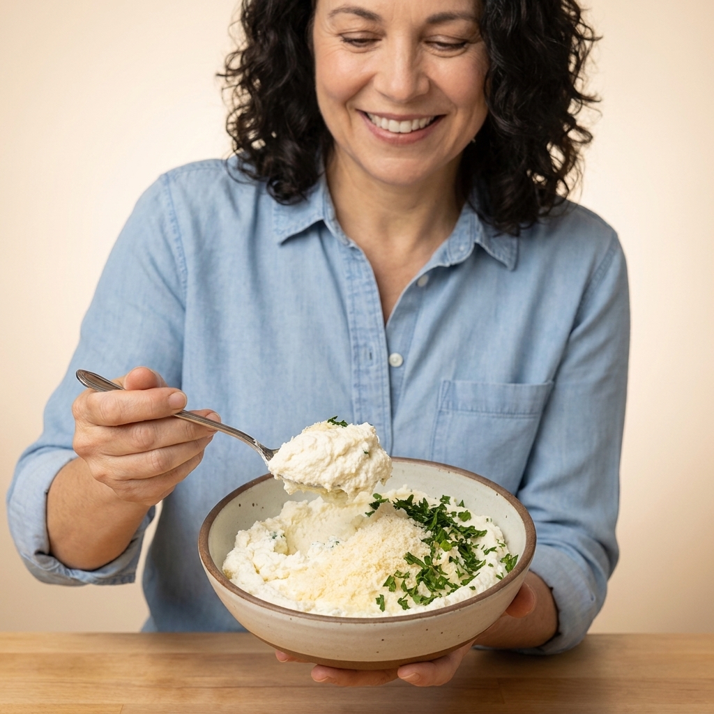 A bowl of ricotta filling with grated cheese and chopped parsley, with a spoon showing the thick creamy texture