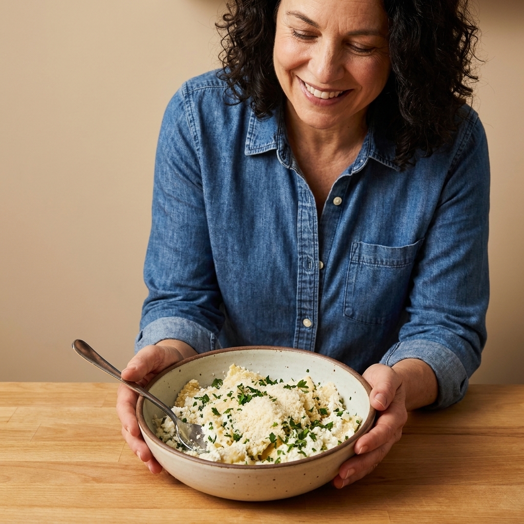 A bowl of ricotta ravioli filling with grated cheese and parsley mixed in, sitting on a counter with a spoon
