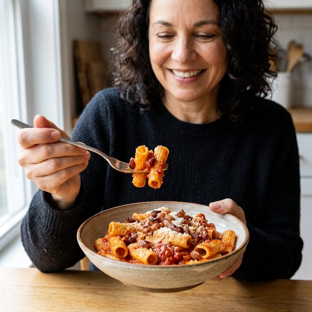 A bowl of rigatoni coated in tomato sauce with crisp guanciale pieces and grated pecorino on top