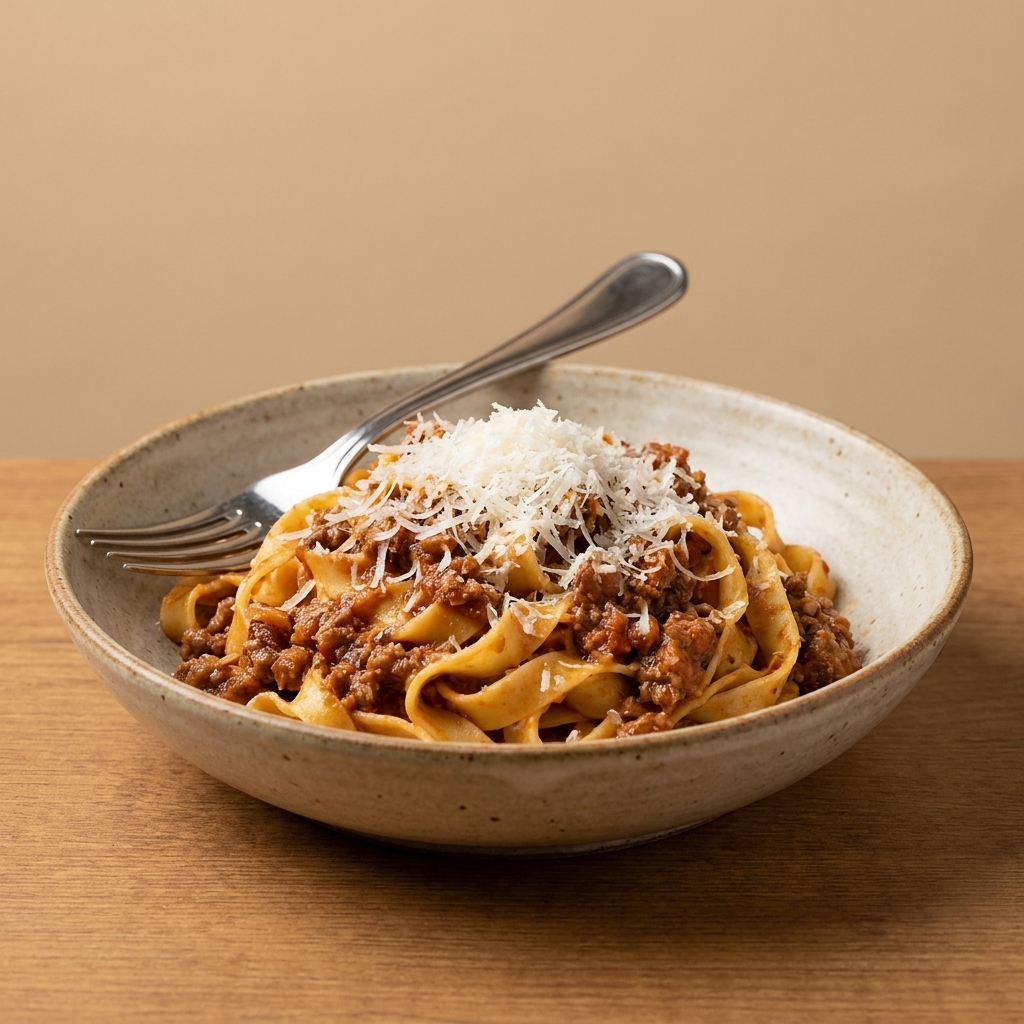 A bowl of tagliatelle tossed with ragù alla Bolognese, finished with grated Parmigiano-Reggiano and a fork resting on the rim