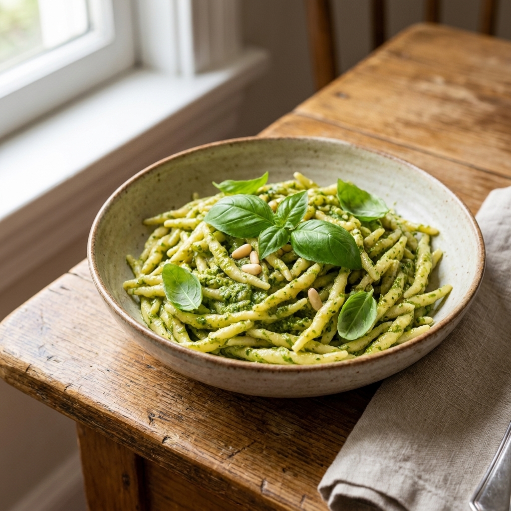 A bowl of trofie pasta coated in bright green pesto with a few basil leaves on top, set on a simple kitchen table