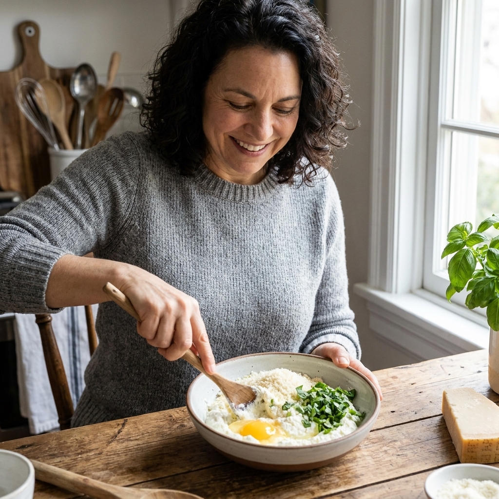 A bowl of whole-milk ricotta being stirred with an egg, grated Parmigiano, and chopped basil until creamy, on a wooden kitchen table