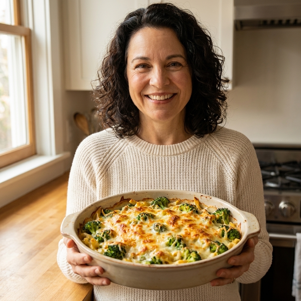 A casserole dish of broccoli Alfredo baked pasta with golden browned cheese on top and broccoli florets visible throughout
