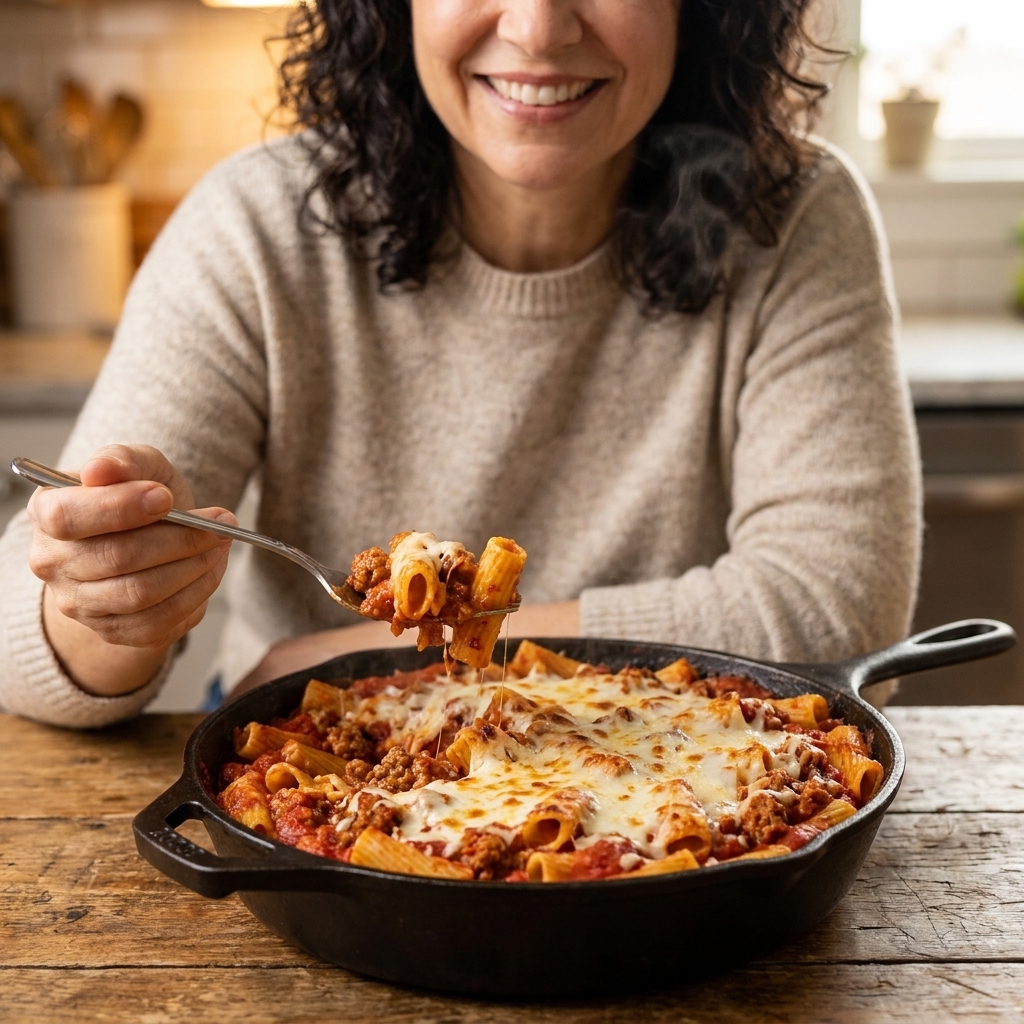 A cast iron skillet filled with baked rigatoni in a spicy tomato sauce with crumbled Italian sausage and melted mozzarella on top