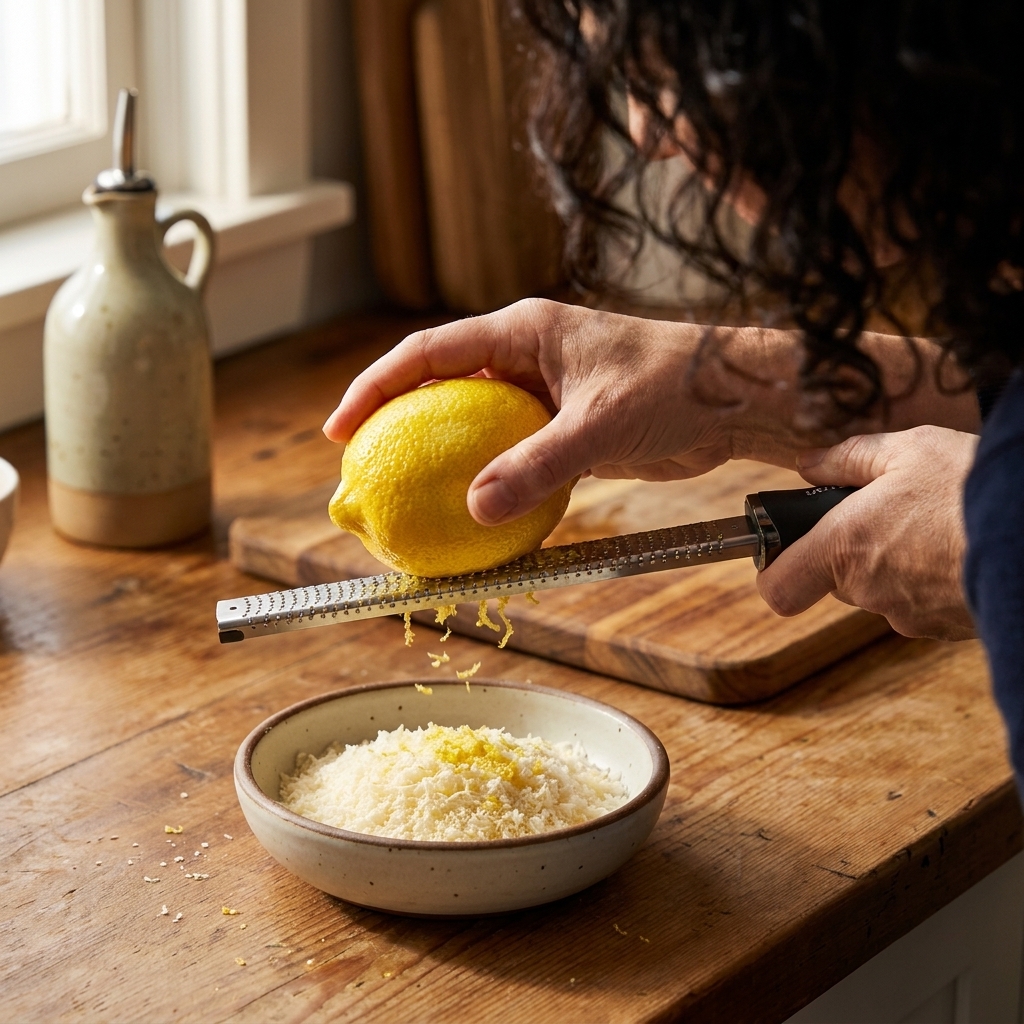 A close-up of a hand zesting a fresh lemon over a small bowl of finely grated parmesan on a kitchen counter