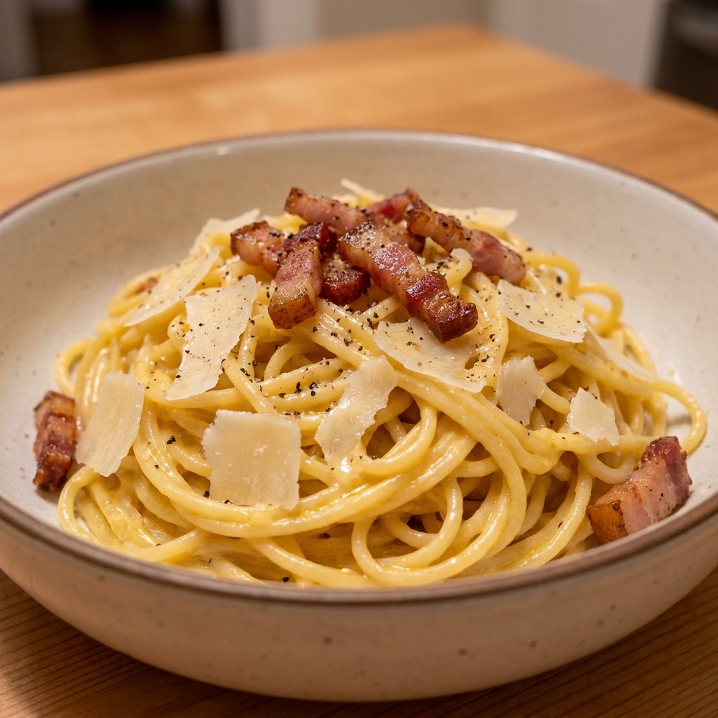 A close-up of plated carbonara with freshly grated Pecorino Romano melting into the glossy sauce and crisp guanciale scattered on top