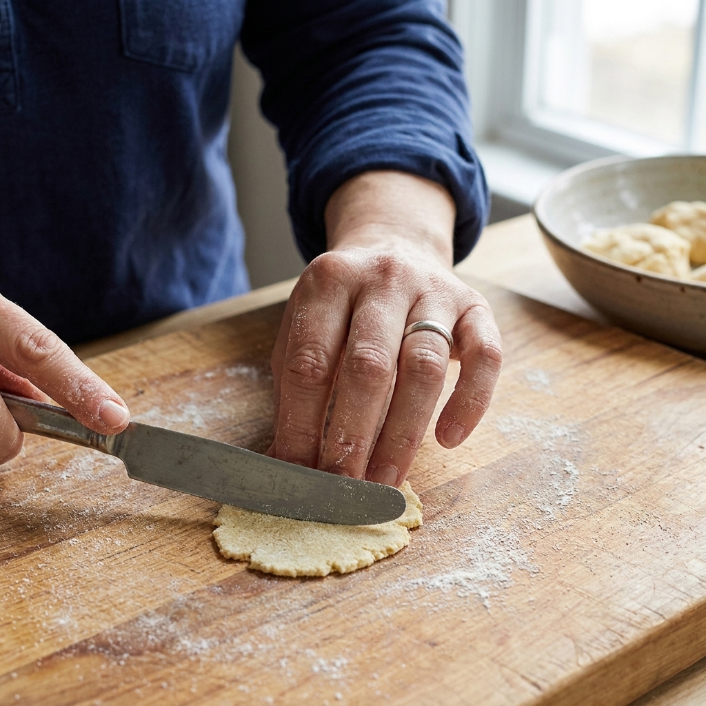 A close-up photograph of a butter knife dragging a small piece of semolina dough on a wooden board, creating a thin, rough disk before it is flipped