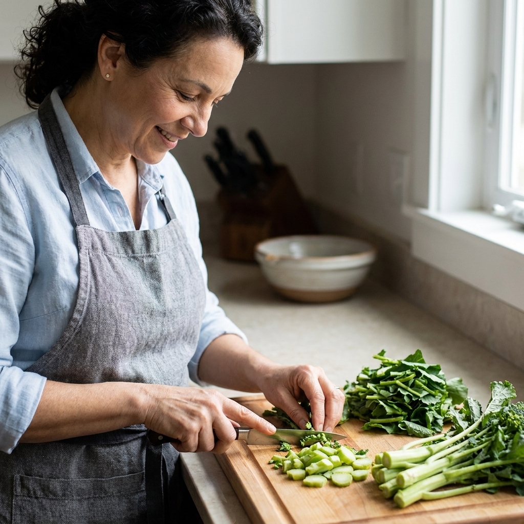 A cutting board with broccoli rabe being trimmed, with leafy tops and sliced stems arranged in a neat pile