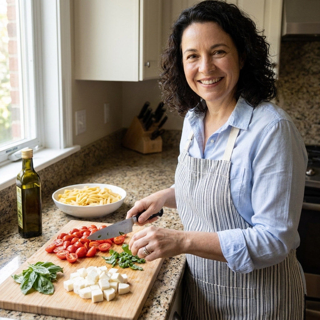 A cutting board with halved cherry tomatoes, torn basil leaves, and neatly cut cubes of mozzarella ready to be mixed for a no-cook pasta sauce