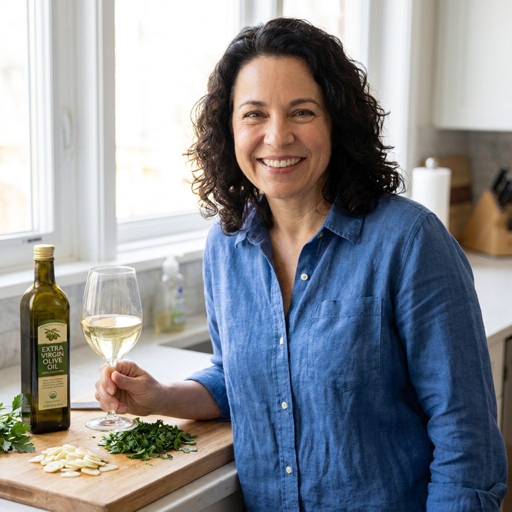 A cutting board with sliced garlic and chopped flat-leaf parsley beside a small glass of white wine and a bottle of olive oil