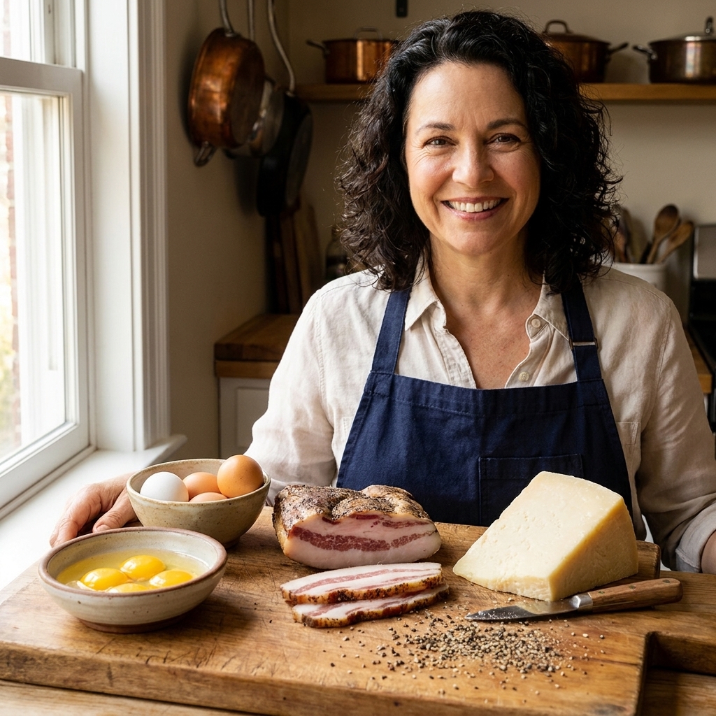 A cutting board with thick slices of guanciale, a wedge of Pecorino Romano, whole eggs and egg yolks in a small bowl, and freshly cracked black pepper