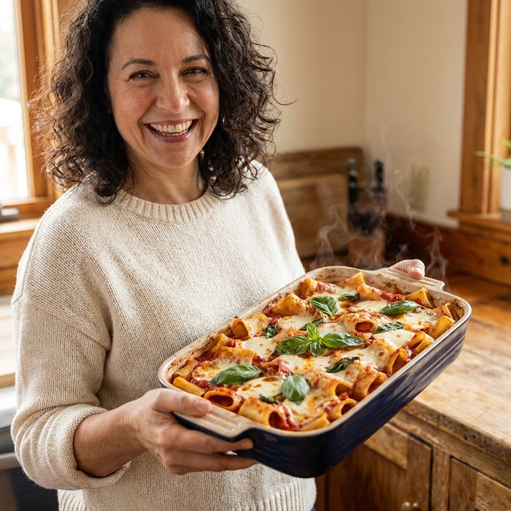 A deep baking dish filled with paccheri pasta coated in tomato sauce, dotted with basil leaves and melted cheese, fresh from the oven