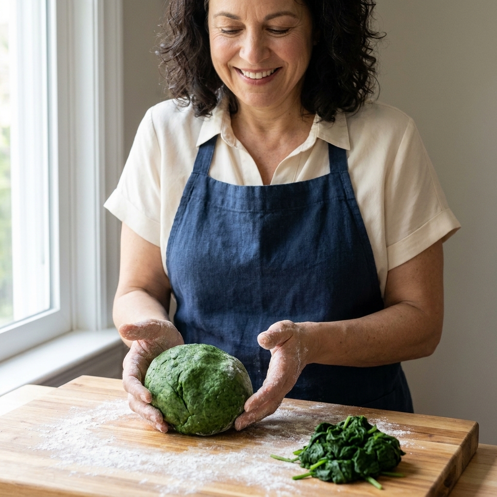A deep green ball of spinach pasta dough resting on a floured wooden board beside a small pile of cooked squeezed spinach