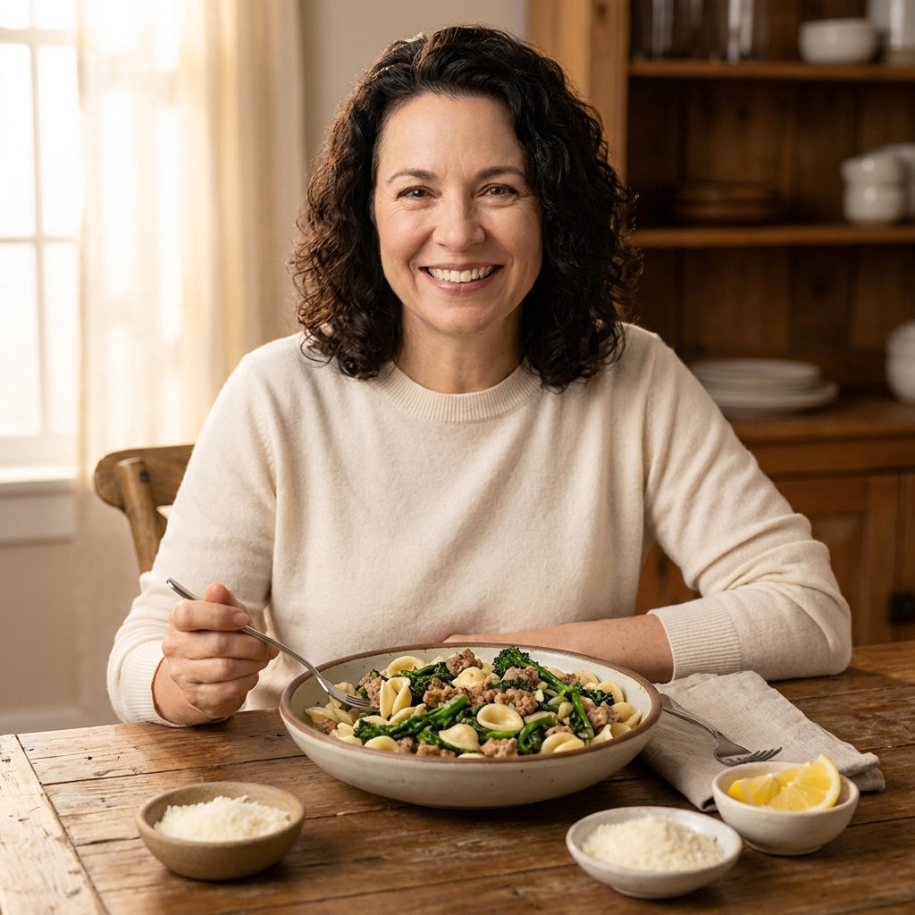 A dinner table scene with a bowl of orecchiette, broccoli rabe, and sausage, with grated Pecorino and lemon wedges nearby