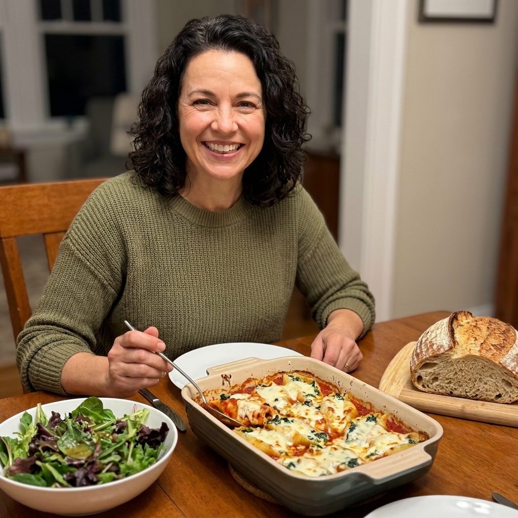 A dinner table with a baking dish of ricotta and spinach stuffed shells, a simple green salad, and a loaf of crusty bread