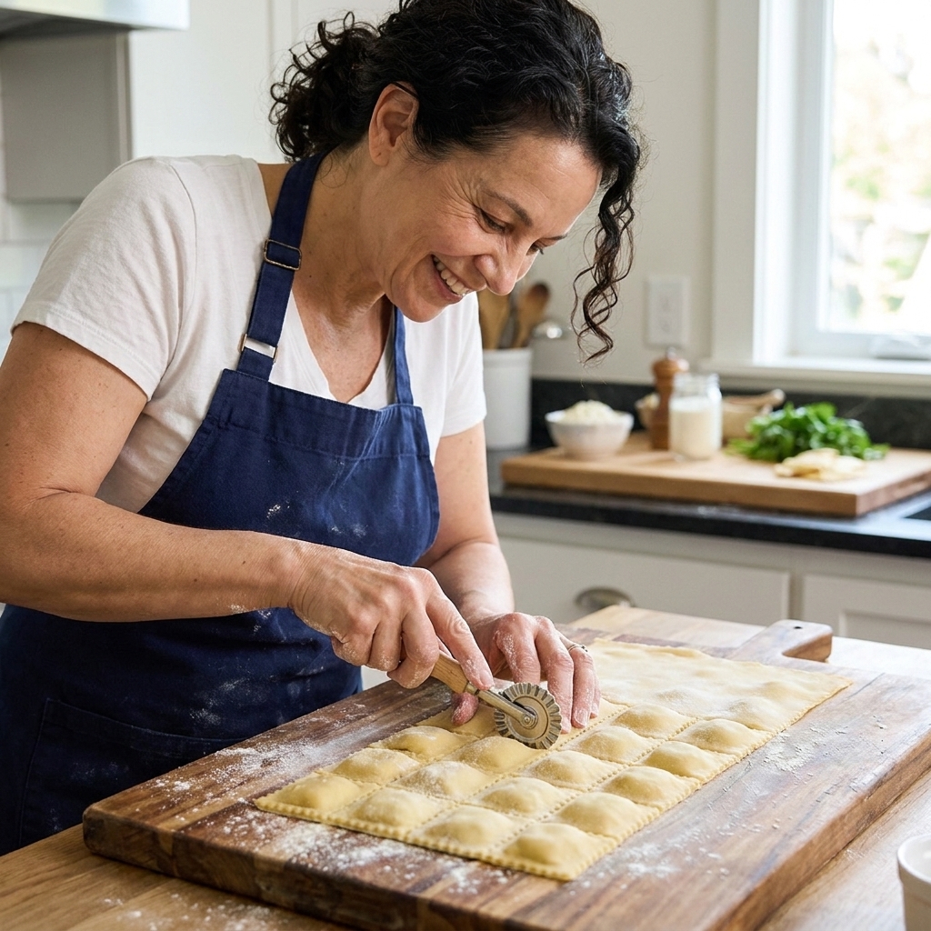 A fluted ravioli wheel cutting neat squares of ravioli from a sealed pasta sheet on a wooden board