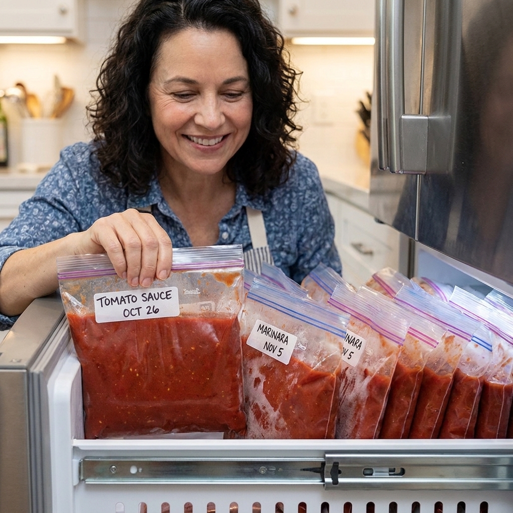 A freezer drawer with several flat, labeled freezer bags filled with red tomato sauce stacked neatly like folders