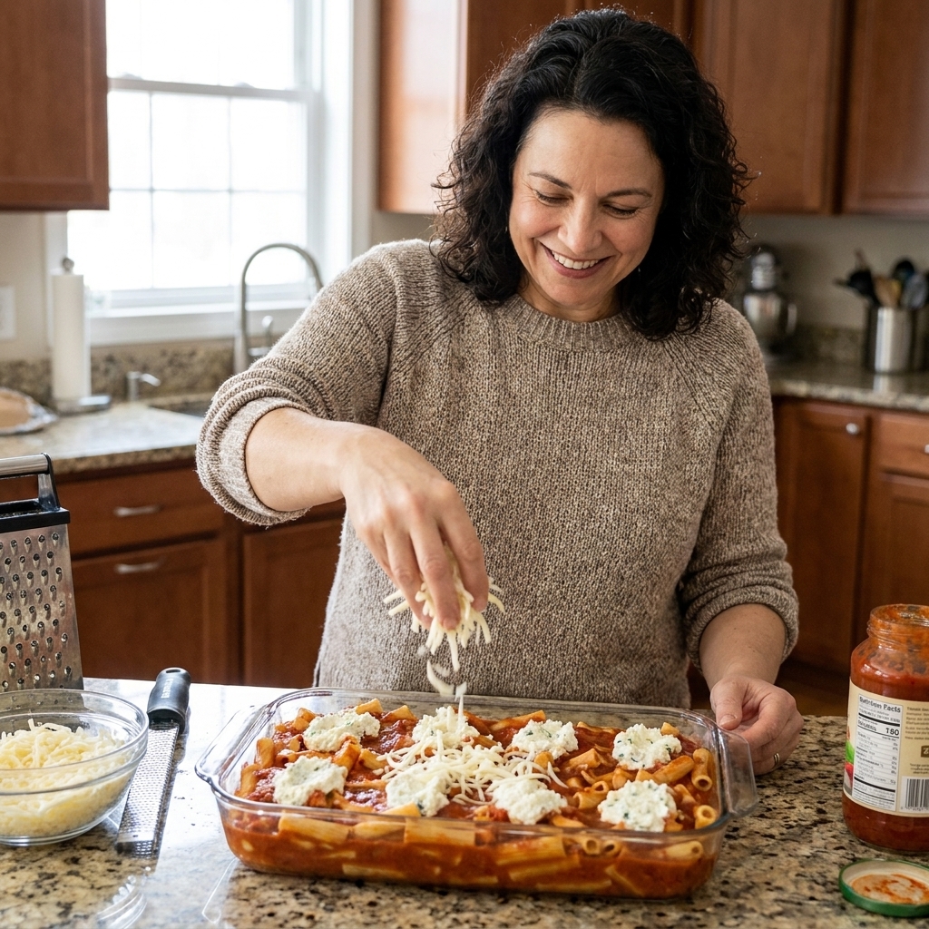 A glass baking dish on a counter with layers of sauced ziti, dollops of ricotta mixture, and shredded mozzarella being sprinkled over the top