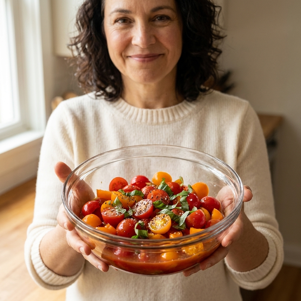 A glass bowl of chopped raw cherry tomatoes mixed with olive oil, salt, pepper, and torn basil leaves, with tomato juices pooling at the bottom