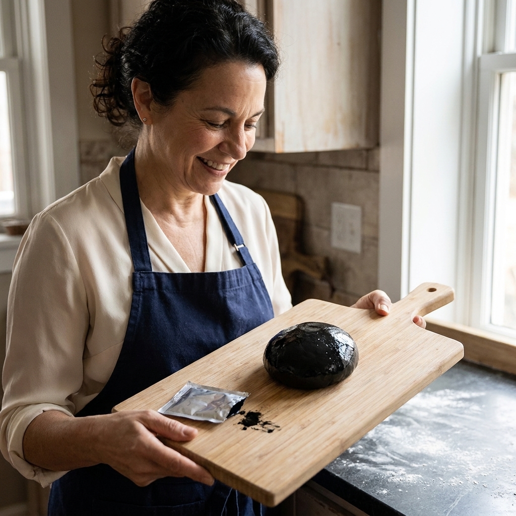 A glossy black ball of squid ink pasta dough on a wooden pasta board with a small opened squid ink sachet nearby