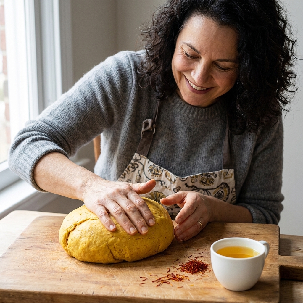 A golden yellow ball of saffron pasta dough on a wooden board with a few saffron threads and a small cup with saffron-infused liquid nearby