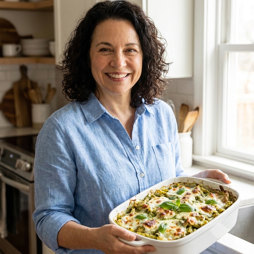 A green-tinted pesto chicken pasta bake in a white casserole dish, topped with browned mozzarella and basil leaves