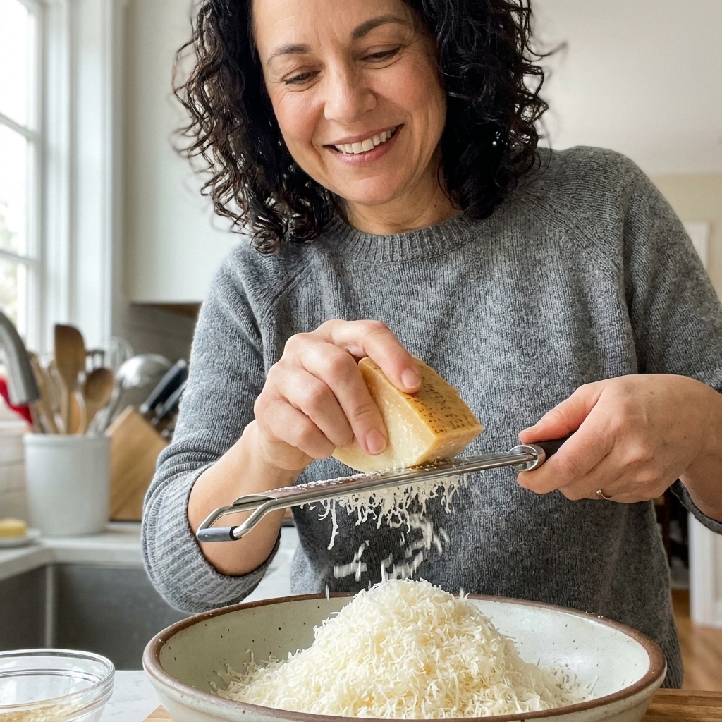 A hand grating a wedge of Parmigiano-Reggiano on a microplane over a bowl, with a mound of fine fluffy cheese