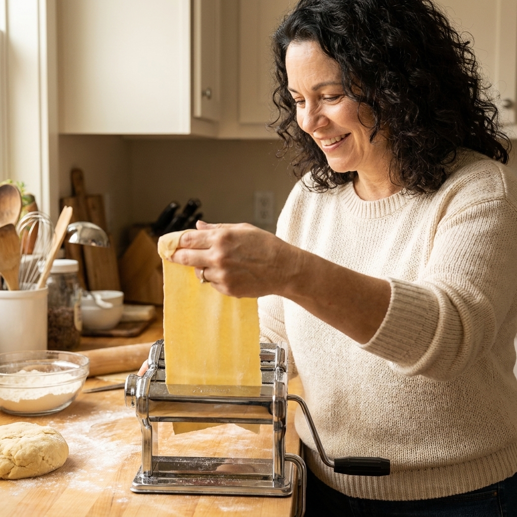 A hand guiding a pale yellow pasta sheet through a hand crank pasta machine on the widest setting on a kitchen counter