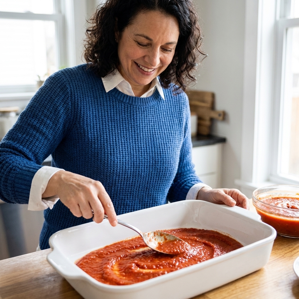 A hand spooning a layer of red tomato sauce into the bottom of a rectangular ceramic baking dish