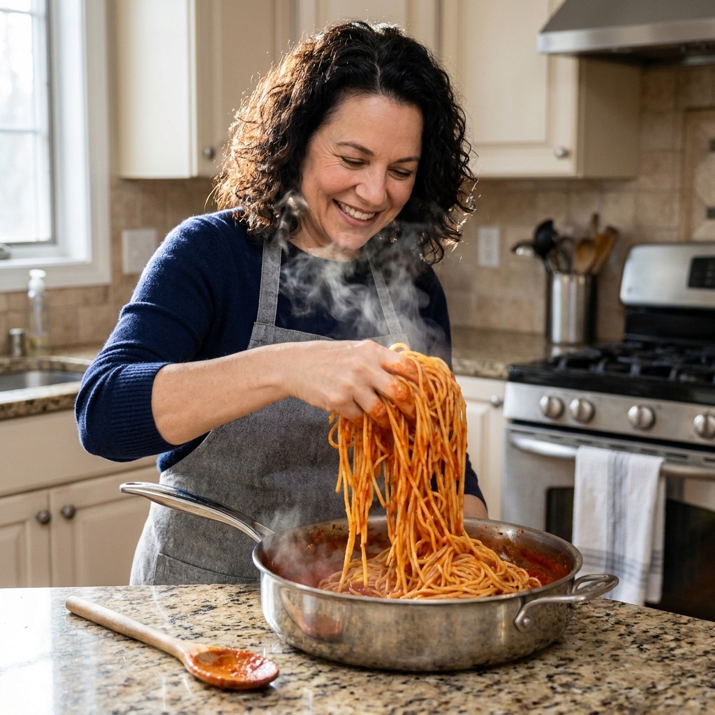 A home cook tossing spaghetti in a wide sauté pan with a glossy sauce, steam rising and a wooden spoon resting on the counter