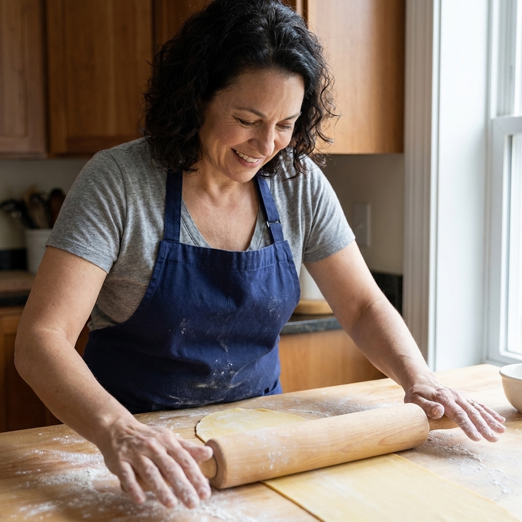 A long, pale yellow pasta sheet being rolled out with a wooden rolling pin on a floured countertop