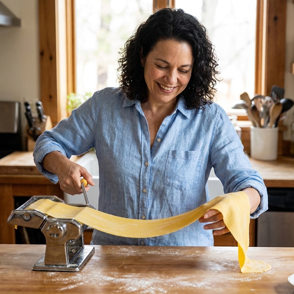 A long sheet of fresh pasta dough being rolled through a pasta machine on a kitchen counter