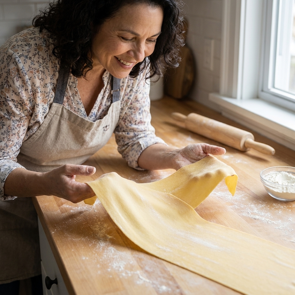 A long, thin sheet of fresh pasta laid on a lightly floured counter, showing a soft sheen and even thickness
