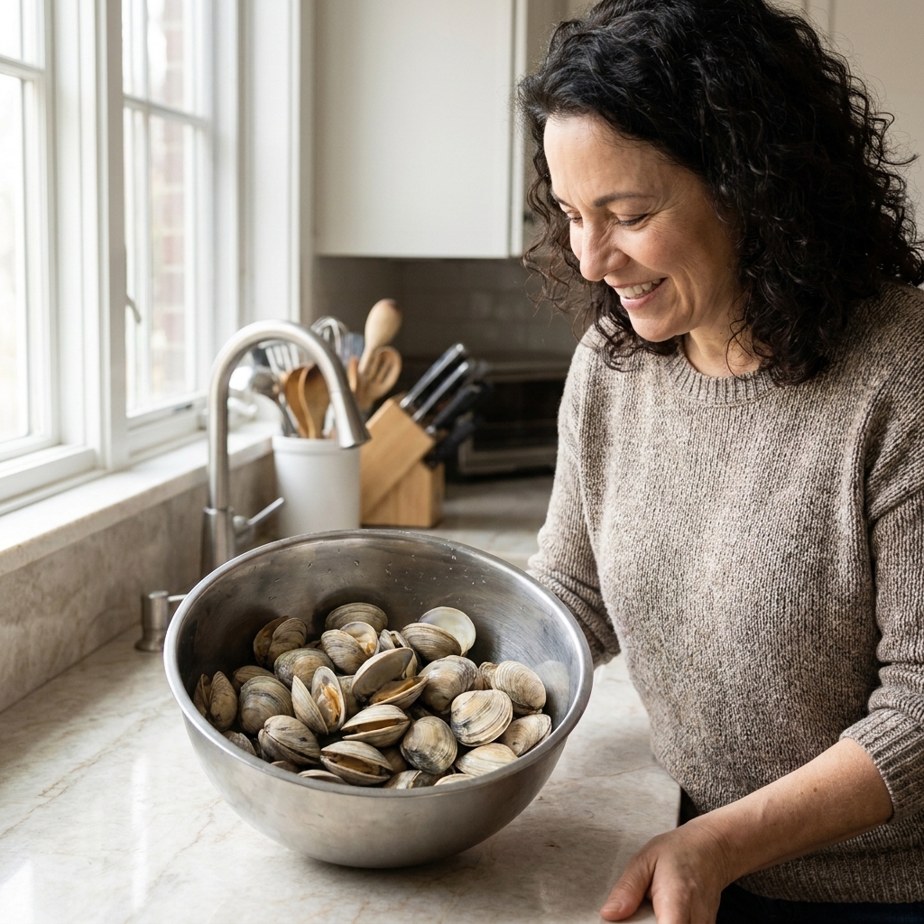 A metal bowl filled with fresh littleneck clams rinsed clean, with a few shells slightly open, on a kitchen counter