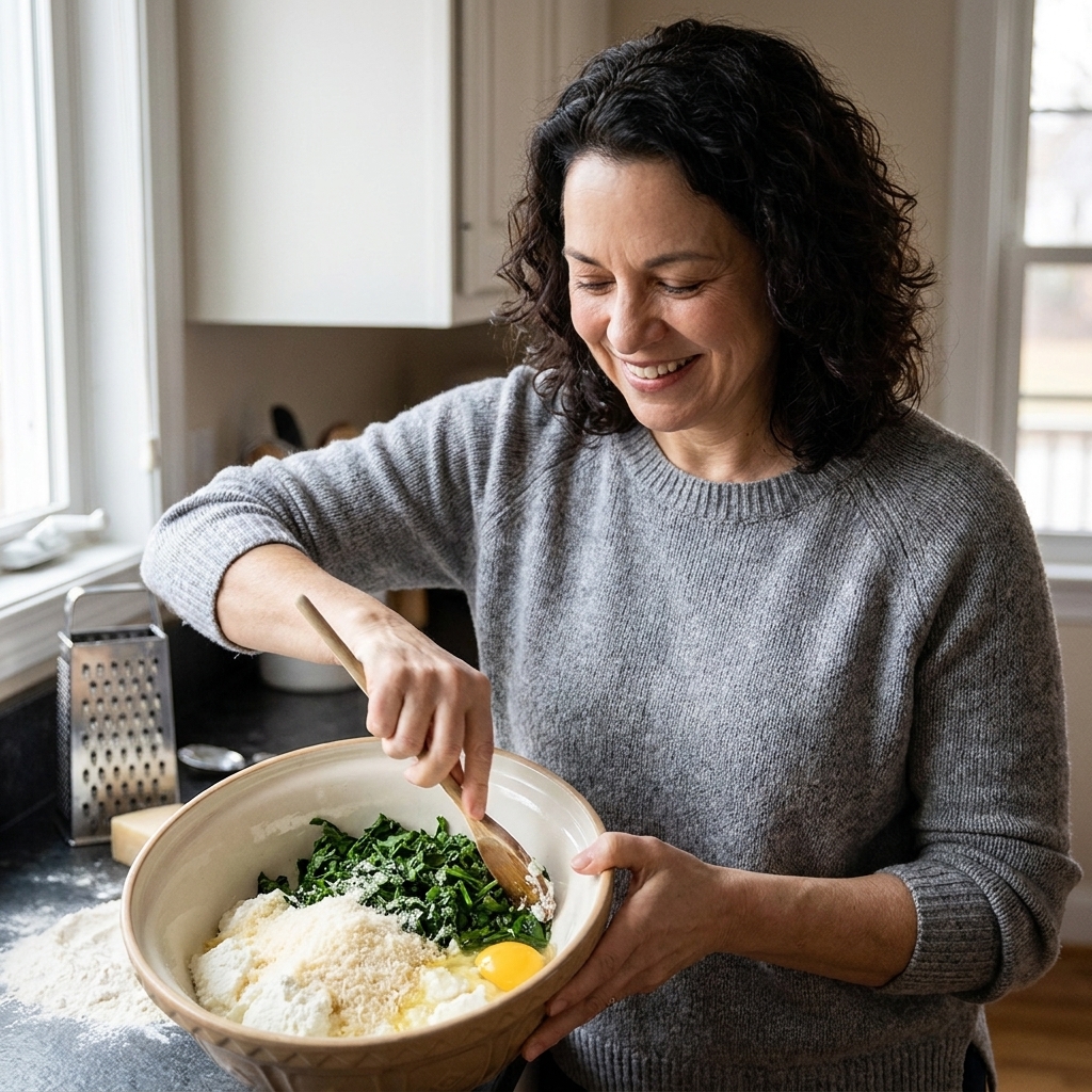 A mixing bowl with ricotta, chopped spinach, grated parmesan, and an egg being stirred together with a spoon