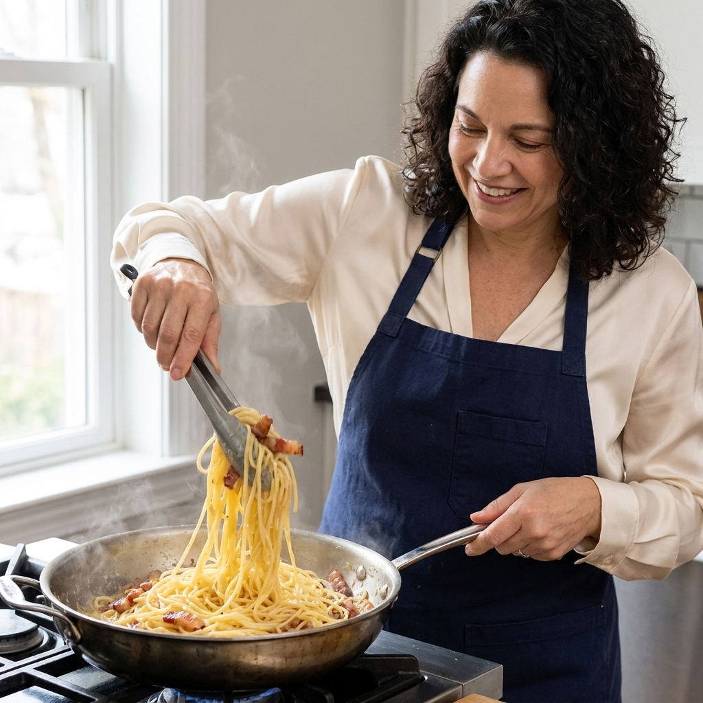 A pair of tongs tossing spaghetti in a sauté pan with crisp guanciale, as the egg and Pecorino mixture turns glossy and coats the pasta