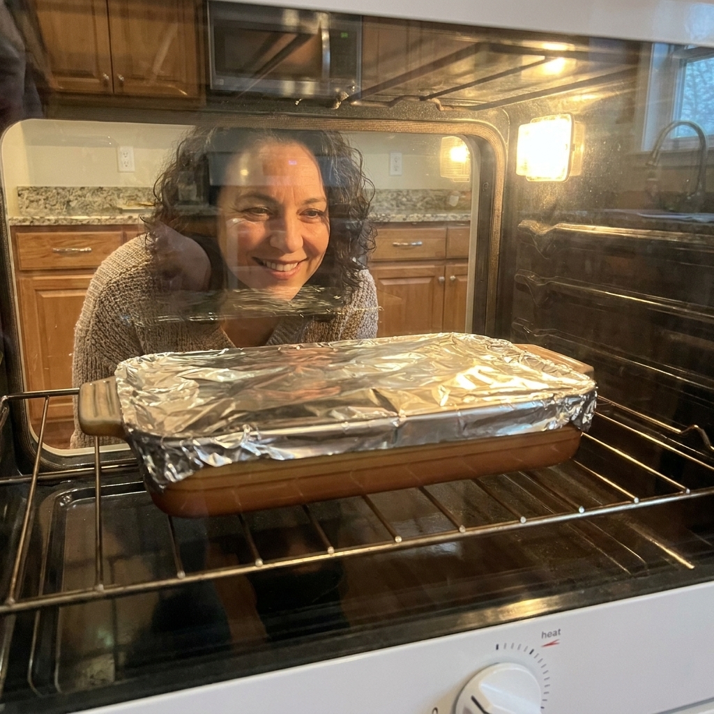 A pan of lasagna in an oven with the top covered in foil, heating gently to rewarm without drying