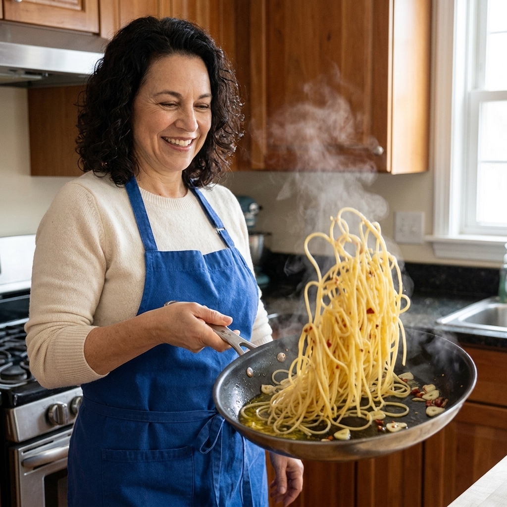 A pan of spaghetti being tossed with olive oil, garlic slices, and chili flakes, with steam rising in a home kitchen