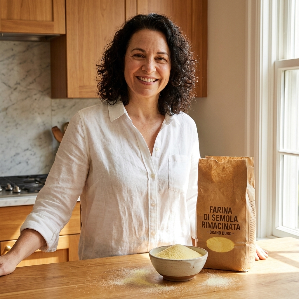 A paper bag of Italian semola rimacinata flour standing on a kitchen counter next to a small bowl of flour