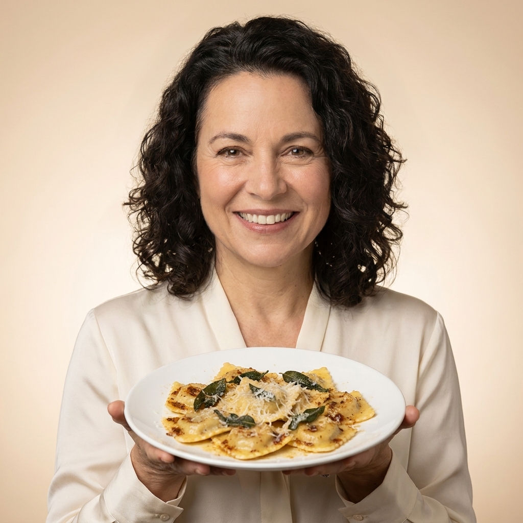 A plate of ravioli tossed in browned butter with sage leaves, with grated cheese melting on top