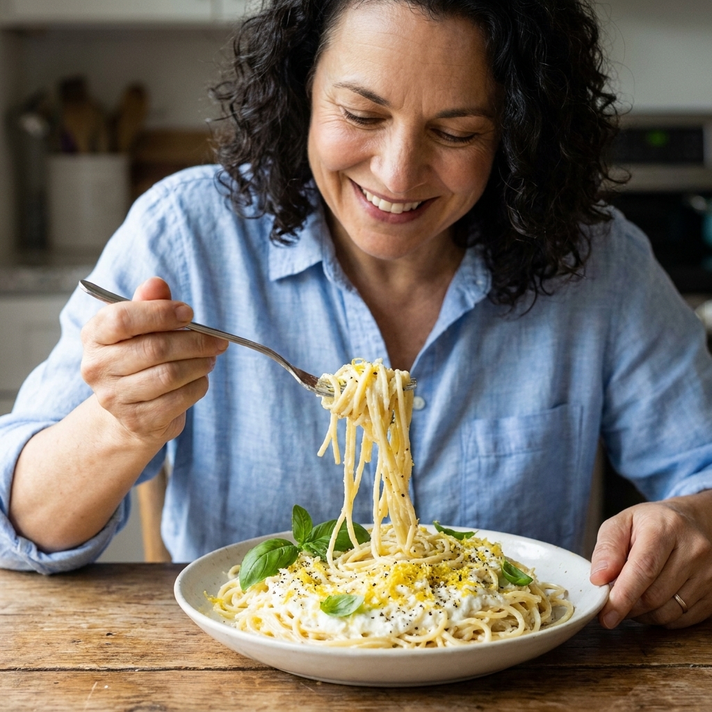 A plate of spaghetti in creamy ricotta sauce topped with lemon zest, fresh basil leaves, and cracked black pepper on a wooden table