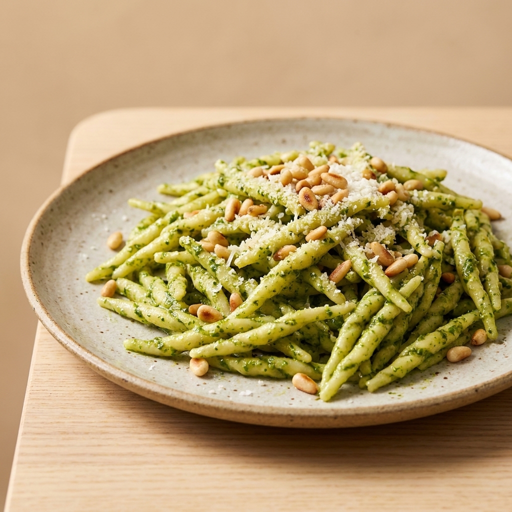 A plate of trofie pasta coated in bright basil pesto with a few toasted pine nuts and grated cheese